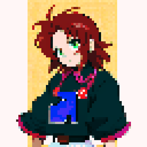 Anime-style profile photo featuring a vibrant-haired character with large, expressive eyes, wearing a pixel art-inspired outfit, against a sRGB background