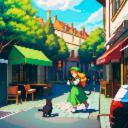 Cafe on an arc shaped road with a people eating and a cat walking

