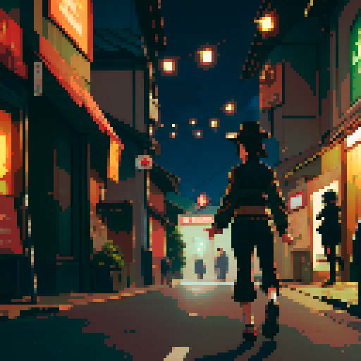 The girl in the middle, short black hair, brown hat, brown jacket, black trousers, turn back, running, far view from the back, Night Thai urban background