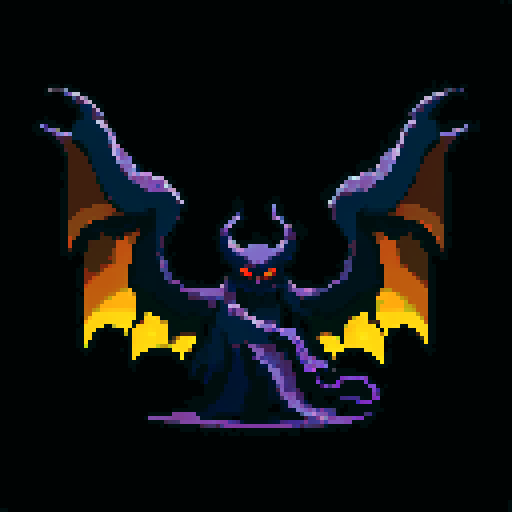 A powerful and enigmatic demon of the void, with swirling shadows enveloping its body, large wings, and glowing eyes. It commands the darkness and has an ominous, otherworldly presence. No background.
