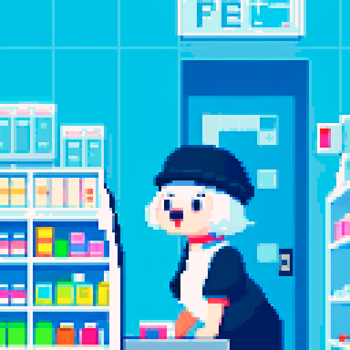 Wide eyed white dog in a drugstore, old woman behind register