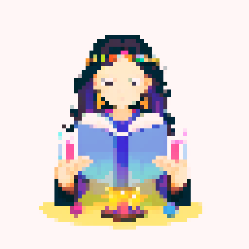 Colorful Illustration of a charming young witch with a boho vibe, reading a crystal ball, viewed from the client's perspective, mystical atmosphere with candles and herbs