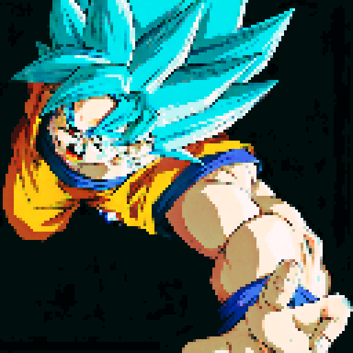 Goku powering up with vibrant, pixelated energy, surrounded by a dynamic, sRGB color palette