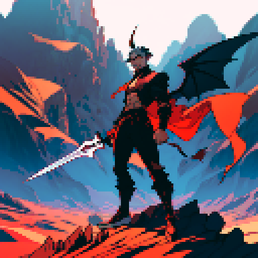 full-body image of a male demon, one winged demon, sexy male, horns, sword, facing right, ready to fight, hellish landscape