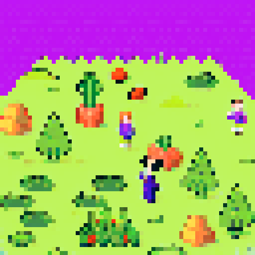 Odd world, lime green grass, purple ocean, pink sky, gigantic carrots, boy in blue pajamas