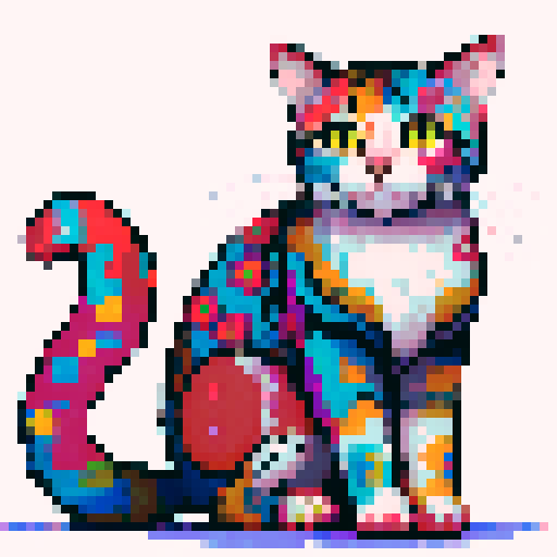 sitting, very colorful cat, with dots, flowers, patterns, white background
