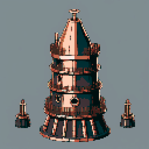I want a copper structure reminiscent of the base of a gun turret, seen from a head on two dimensional perspective. The design should be relatively simple. I also want this object usable as an asset in a videogame, meaning only one object per image, outlined with a strong black stroke, on a solid-color background.