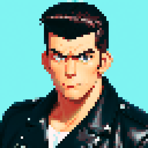Muscular, tough greaser man with a pompadour hairstyle, wearing a motorcycle jacket, pixel art, sRGB colors, portrait, face avatar