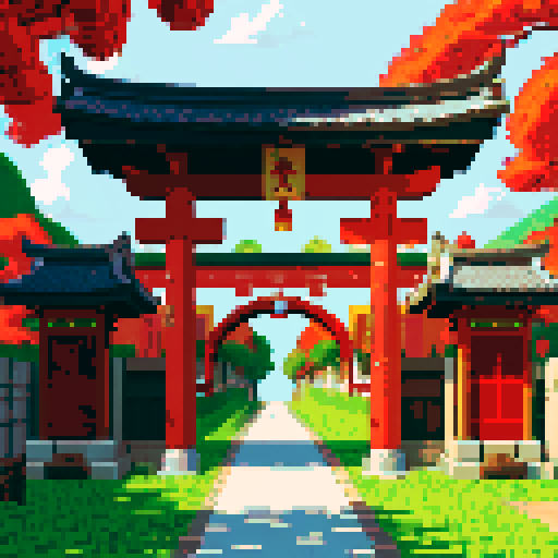 use reference image, shrine gate, raging inferno, pixel art