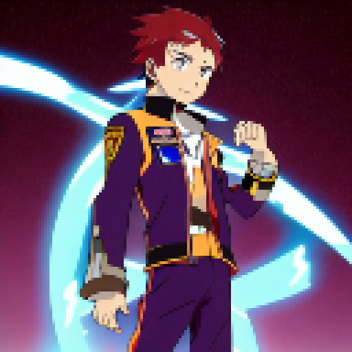 "Fierce anime pilots, a commanding officer with a stern expression amidst a starry galactic background."