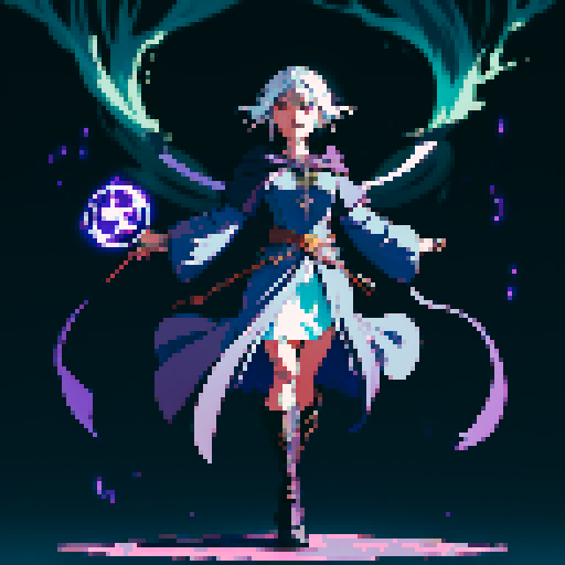 full-body image, sorceress facing right, sorceress ready to fight, evil sorceress, floating, arms out, magic circles, magic power, spell, evil sorceress, evil witch, magic symbols, ultimecia, final fantasy, sRGB, pixel art