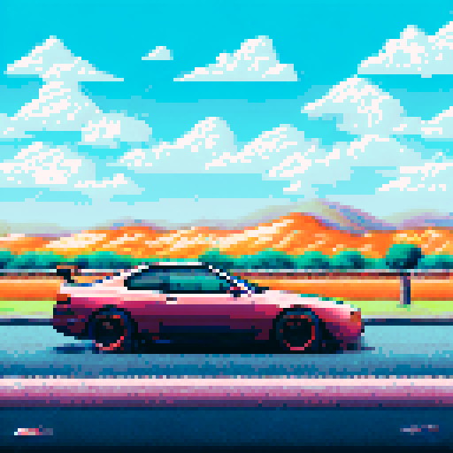 Photorealistic whole Nissan Silvia, three-quarter view, right front wheel, clean background, sRGB colors, pixel art style