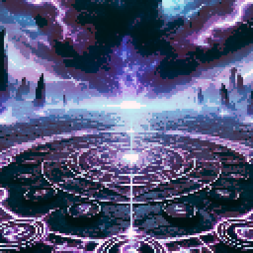A dark psychic battleground with an off-center perspective, where glowing purple runes on a cracked black floor extend diagonally. Jagged floating crystals and arcs of dark energy surround the arena, with the central focus shifted to the right. Ominous storm clouds with flashes of purple lightning fill the sky, blending into a dark starry background. The environment feels immersive and foreboding, emphasizing depth and a mysterious, otherworldly atmosphere.