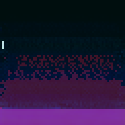 Top of weathered skyscraper, extending down 20 floors with jutting items, cracked and textured brick, muted purple color scheme Barred windows, 3 yellow-lit windows per floor sRGB, pixel art, background, landscape