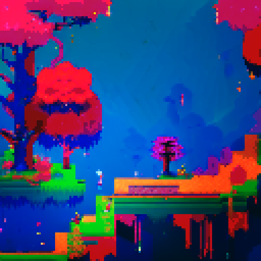 pixel art tree with vibrant and saturated colors, resembling the style of Hyper Light Drifter