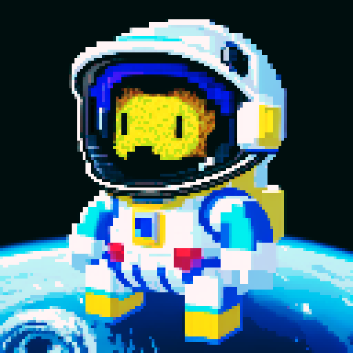 space traveler in vibrant pixel art spacesuit, with an open helmet showcasing a reflective visor, surrounded by swirling galaxies, twinkling stars, and celestial wonders, all rendered in space color vibrant palette.
