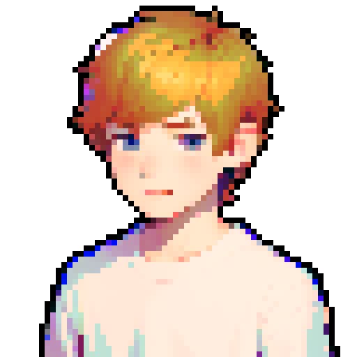 portrait, sprite art, young shy man, cozy, cute, light hair, soft eyes, neutral, curious, nerd