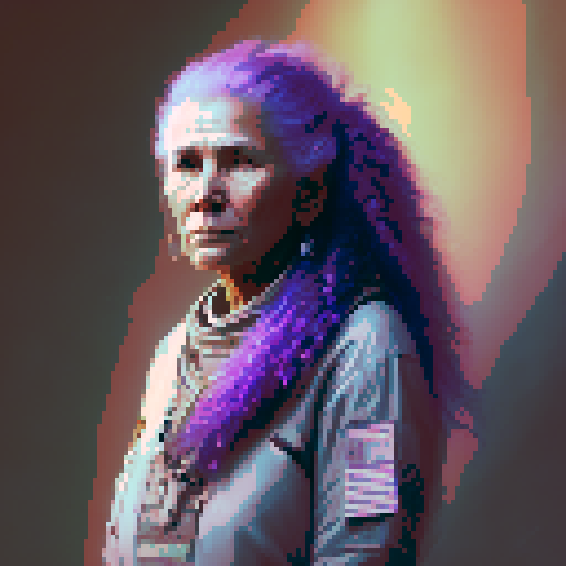 elderly native American woman with purple hair in short braids, and a soft smile