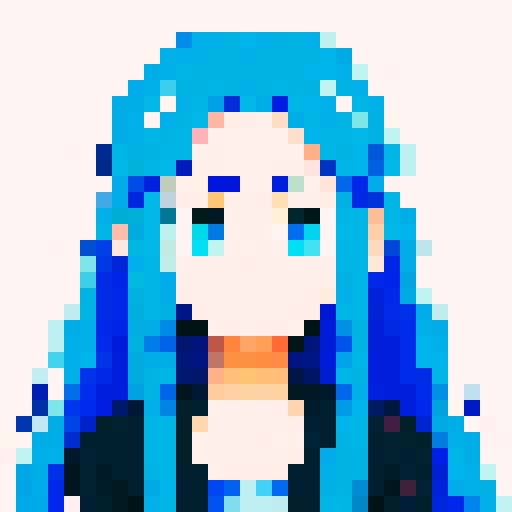 Design a pixel art anime avatar, showcasing the iconic anime style with large expressive eyes, elaborately styled hair, and vibrant colors. The character should be in a classic anime pose, exuding personality and emotion typical of anime characters, like excitement, determination, or serenity. Focus on creating a highly pixelated aesthetic, reminiscent of 16-bit video game graphics, where each pixel is clearly visible and contributes to the overall form and expression of the avatar. 