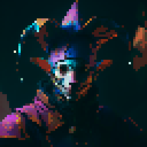 jester, vibrant colors, elaborate costume, mischievous expression, medieval backdrop