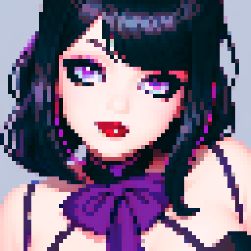 curvy, cute goth girl face, black hair, purple eyeshadow, red lipstick, face portrait, glamour shot, vibrant sRGB colors, pixel art
