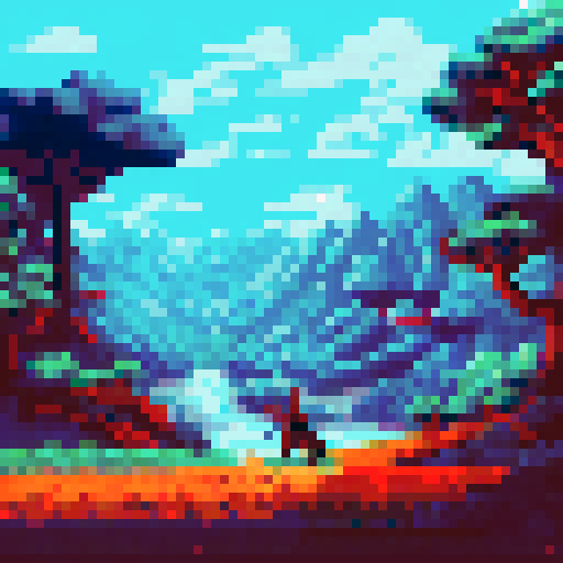 Horseback warrior 赵云 charges through a misty, mountainous battlefield, wielding a long spear and adorned in armor, with the vibrant, pixelated landscape of rolling hills and forests stretching out behind him