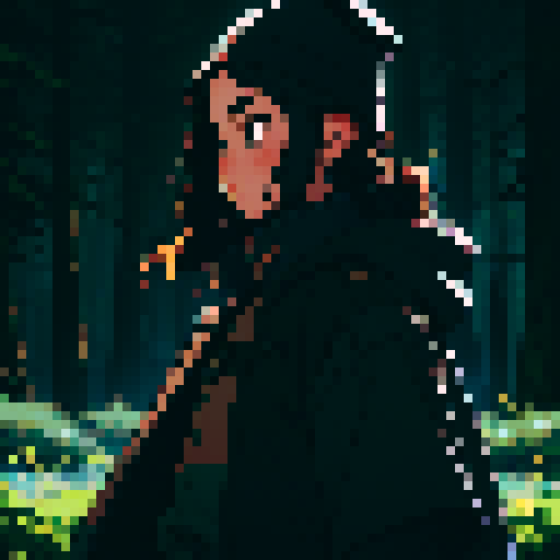 Dark night time in the forest background, dark background, profile picture, teen girl, rounded face, no eyebrow, black eyes, short black hair, brown coat, brown hat, small chest