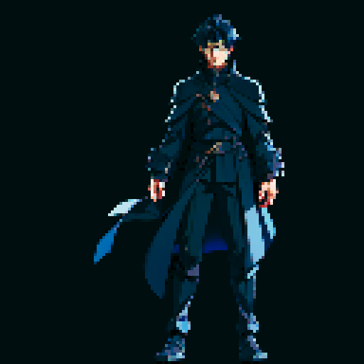 T-pose. Male. Full body. Short, dark blue hair. Black coat. Thin, covert, black armor underneath the coat. Better facial features