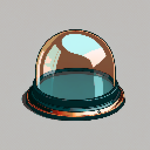 I want a rounded transparent glass half-dome with copper trim and copper rivets around the bottom edge. I want this object usable an asset in a videogame, meaning only one object per image, outlined with a strong black stroke.