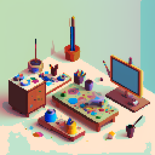 Colorful paints, paintbrushes, and palettes, scattered on a wooden table with bright studio lights, surrounded by sketches and drawings, capturing the essence of an artist's pixel art studio