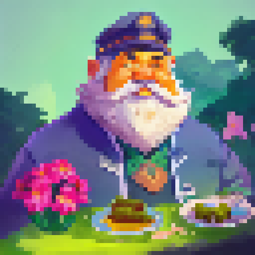 Admiral Adama stands in a lush, tropical landscape, holding a plate of Toast Hawaii, surrounded by vibrant flowers and trees, with a portrait style capturing his rugged determination.