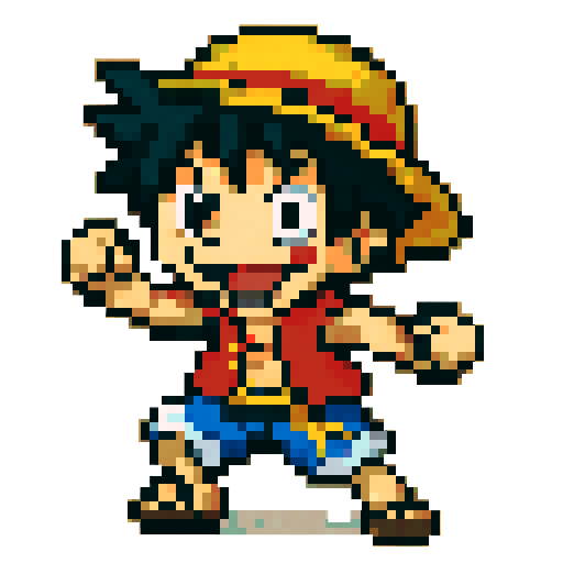 Luffy Pokemon Sprite, vibrant colors, playful expression, pixelated design, sRGB palette