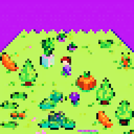Odd world, lime green grass, purple ocean, pink sky, gigantic carrots, boy in blue pajamas