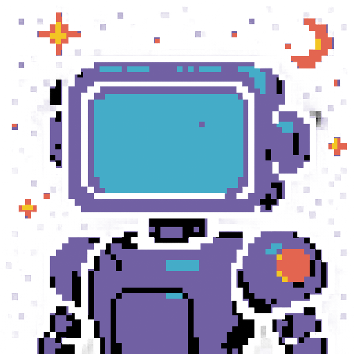 Friendly robot with rectangular monitor head, pixelated eyes and mouth, space aesthetics, game icon, 64x64 pixel art, sRGB, skill art, close up portrait