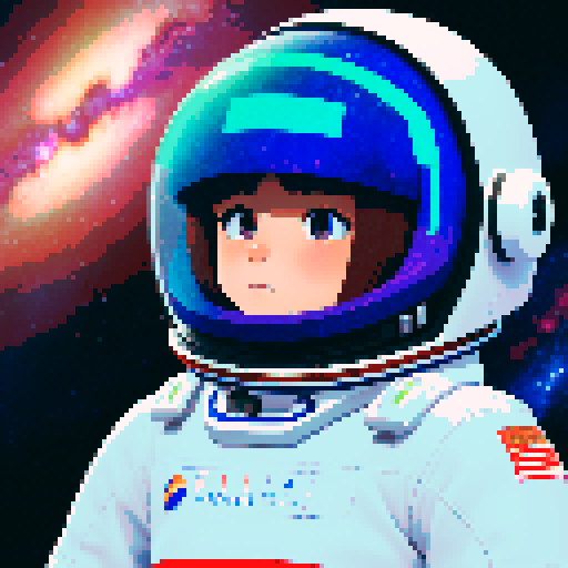 space traveler in vibrant pixel art white spacesuit, with a helmet showcasing a reflective visor, surrounded by swirling galaxies, twinkling stars, and celestial wonders, all rendered in space colorful palette.
