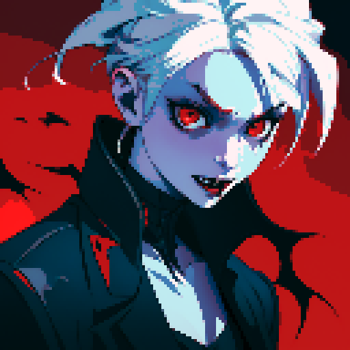 vampire with sharp fangs, pale skin, red eyes, biting neck, blood dripping, dramatic shadows, limited color palette, pixelated details