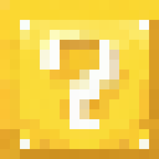 A yellow Minecraft lucky block with a white question mark in the middle