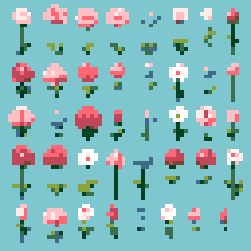 12 different cottage flower sprites on white background roses peonies snapdragons lavender cats tails billy buttons  
