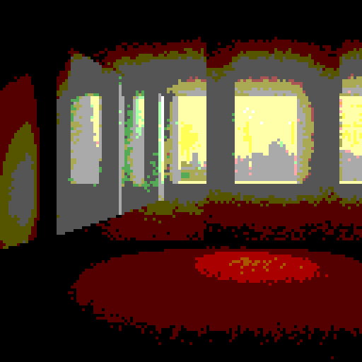 empty office space viewed from inside, large open windows letting in faint orange sunlight, dim flourescent light fixtures, long dark shadows, somber mood, wide angle lens