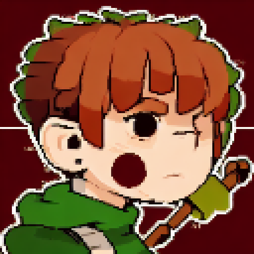 Green and brown pixelated archer, in a close-up portrait, with a game icon style, showcasing their bow and arrow.