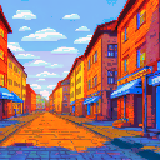 Stockholm's quaint old street, cobblestones glinting in the sun, lined with colorful buildings and towering trees, all framed by a vast blue sky in pixel art style against an sRGB background
