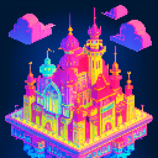 floating palace in the sky, vibrant colors, intricate details, isometric view, low resolution, retro aesthetic, 8-bit graphics, neon lights, glowing windows, billowing clouds, multi-tiered structure, fantastical architecture, whimsical atmosphere, towering spires, ethereal glow
