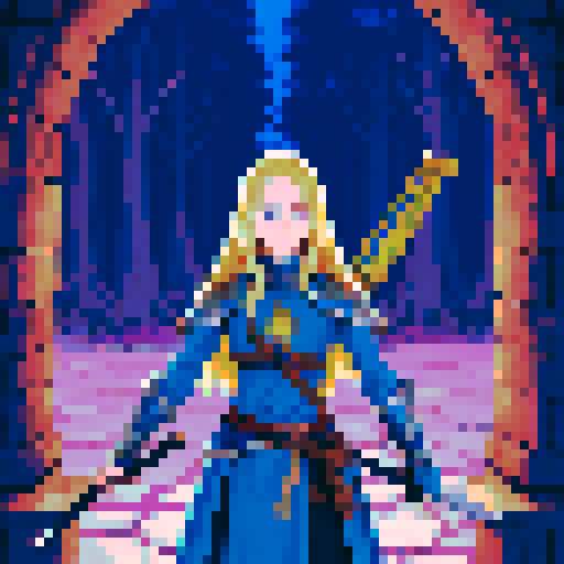 blonde swordswoman, fantasy RPG, dystopian, forest