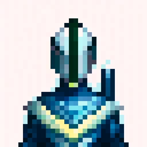 armoured warrior, futuristic pistol, pixelated details, vibrant colors, intense gaze, detailed helmet, shiny metallic surface, intricate engravings, heroic stance, dynamic pose, dramatic lighting, immersive game world, skillfully crafted textures, captivating character design