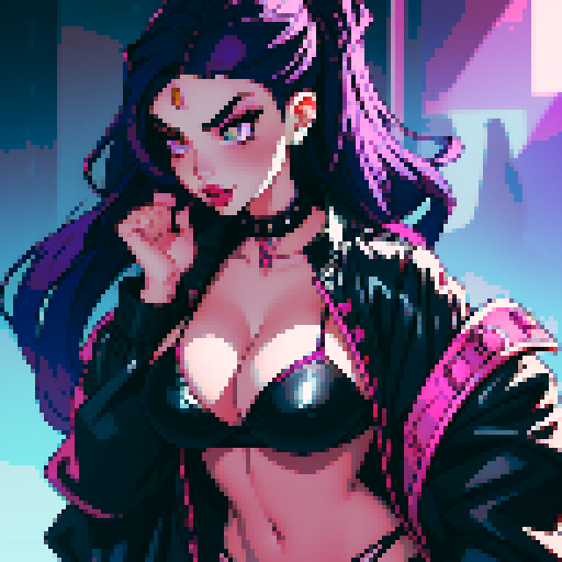 Curvy, busty goth girl, with purple hair, black eyeshadow and red lipstick. wearing bikini and studded collar, sexy seductive glamour shot, vibrant srgb colors, edgy aesthetic