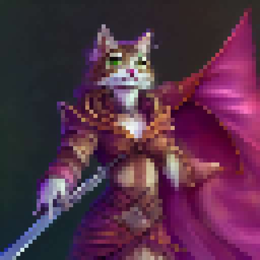 Fierce feline warrior, brandishing a magical sword, stands atop a tower of bones overlooking a misty, enchanted forest.