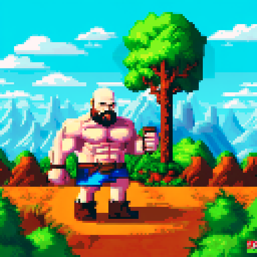 Bald barbarian with big mustache shirtless with a bag between his arms in an rpg world