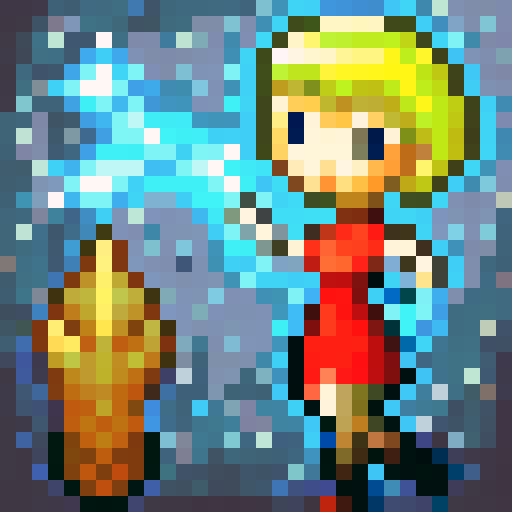 platformer character avatar, Aleya is a young adventurous girl with white hair, pale skin, tall boots and a blue tunic. She has a rock climbers build, and is shown idle against a greyish brown background.