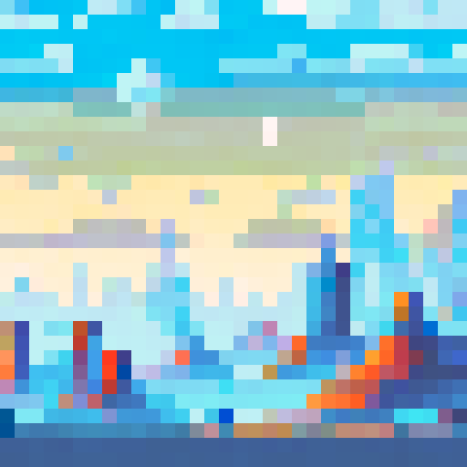 Red City, towering skyscrapers, futuristic architecture, bustling streets, Martian landscape, red sand dunes, pixelated buildings, ARNE32 palette, sci-fi metropolis, otherworldly atmosphere, digital art style