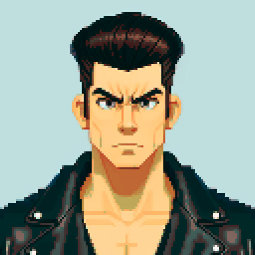Muscular, tough greaser man with a pompadour hairstyle, wearing a classic motorcycle jacket, pixel art, sRGB colors, portrait, face avatar
